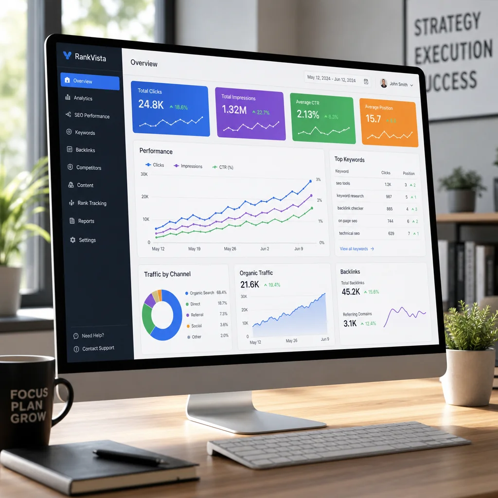 Digital dashboard showing positive SEO growth trends and analytics