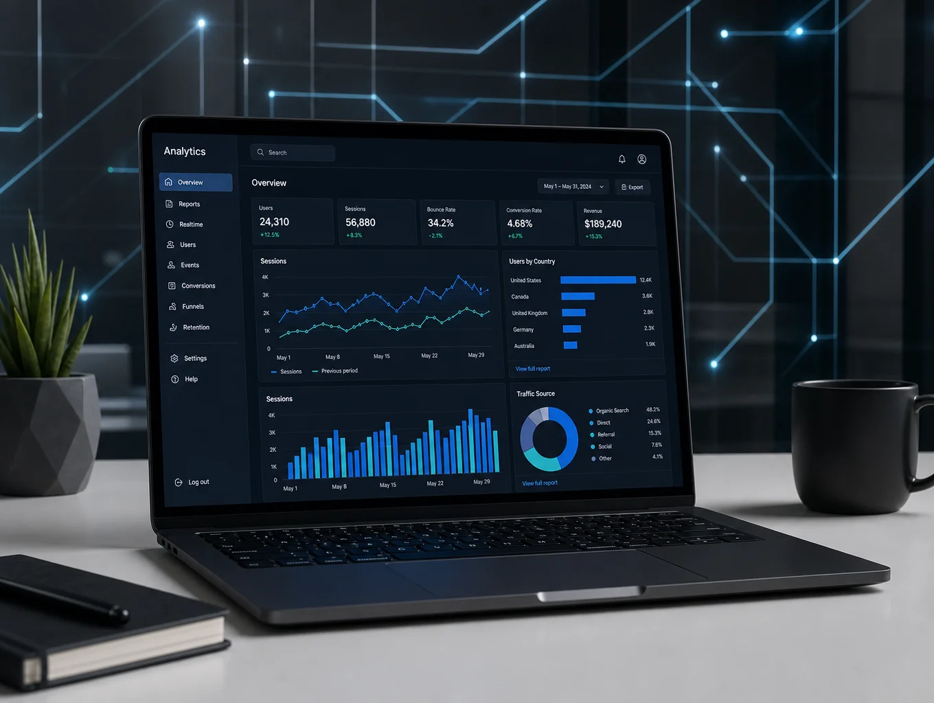 National SEO strategy dashboard showing organic traffic growth